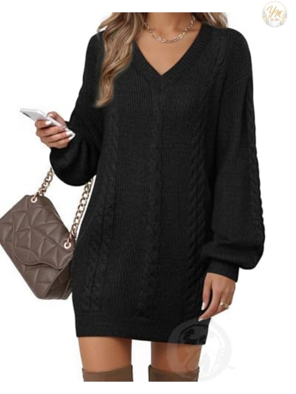 VAFOLY Women's Casual V Neck Fall Lantern Sleeve Knit Mini Sweater Dresses